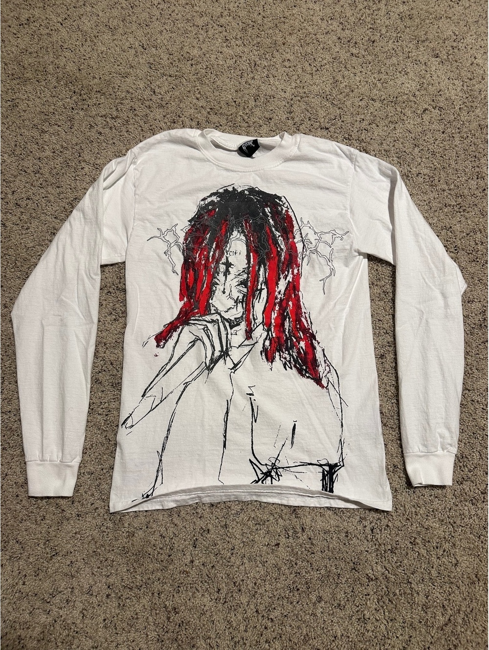 Revenge x Trippie Redd Lightning Sketch Long Sleeve T-Shirt White Mens Small